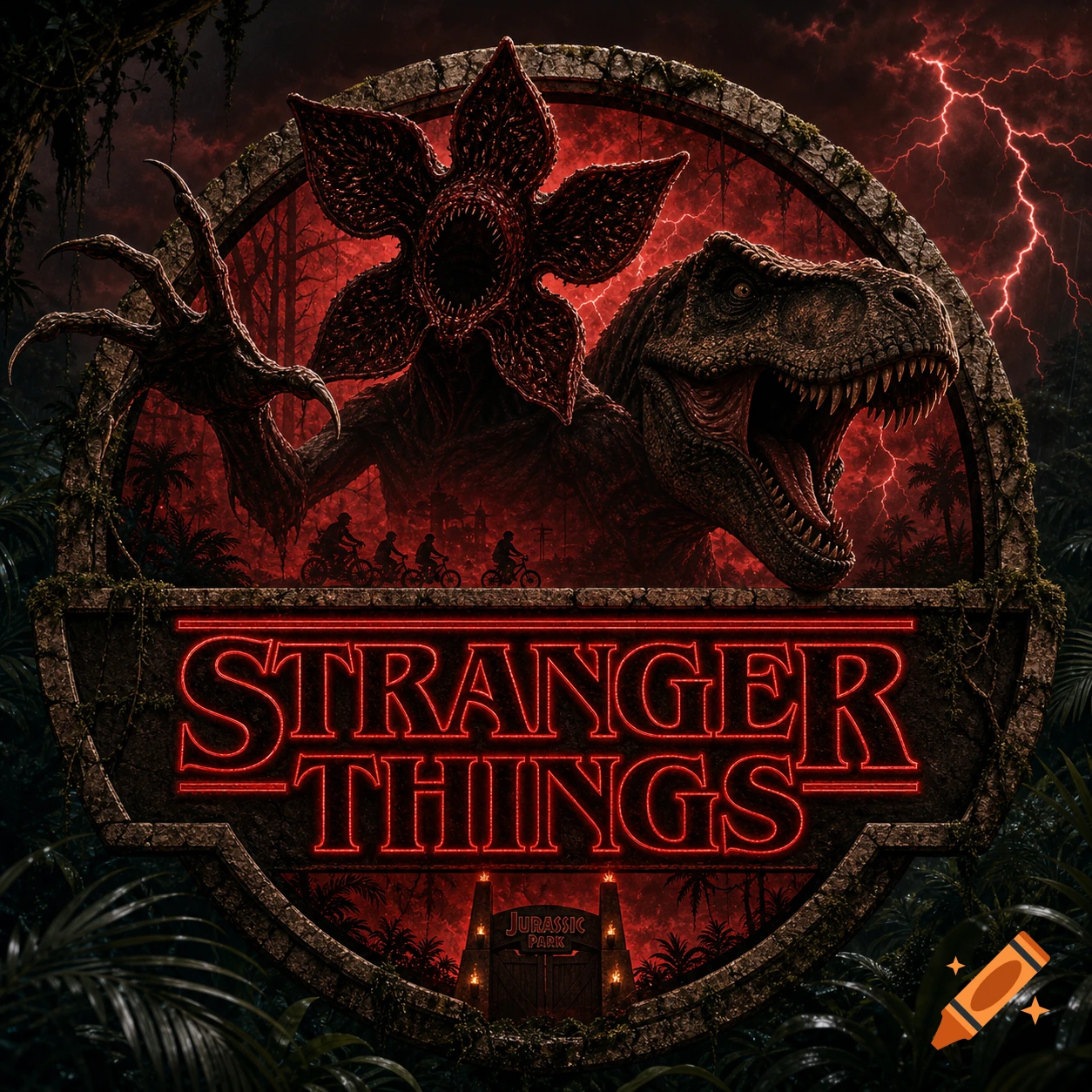 A detailed, dark illustration combining Stranger Things and Jurassic Park, featuring a Demogorgon, T-Rex, and bikes in a jungle with neon text and lightning.