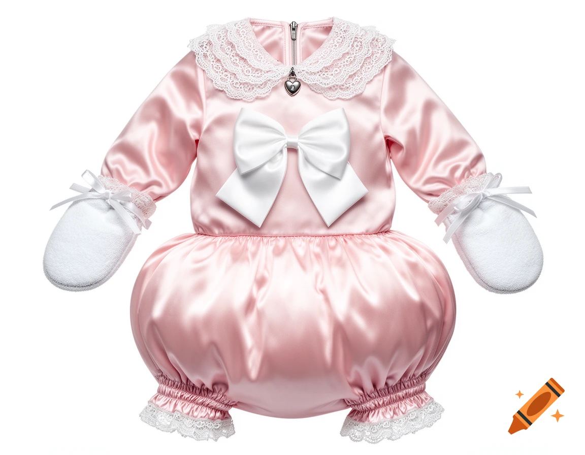 A detailed product photo of a pink satin adult baby onesie with a white lace collar, a large white satin bow, and white terry cloth mittens, displayed on a white background.