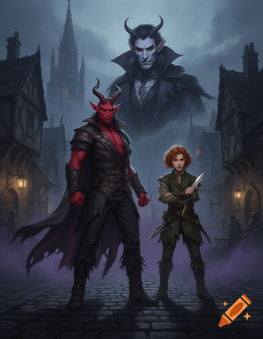 A red Tiefling barbarian and a human rogue stand on a dark, cobblestone street, with a large vampire lord looming behind them in a gothic village.