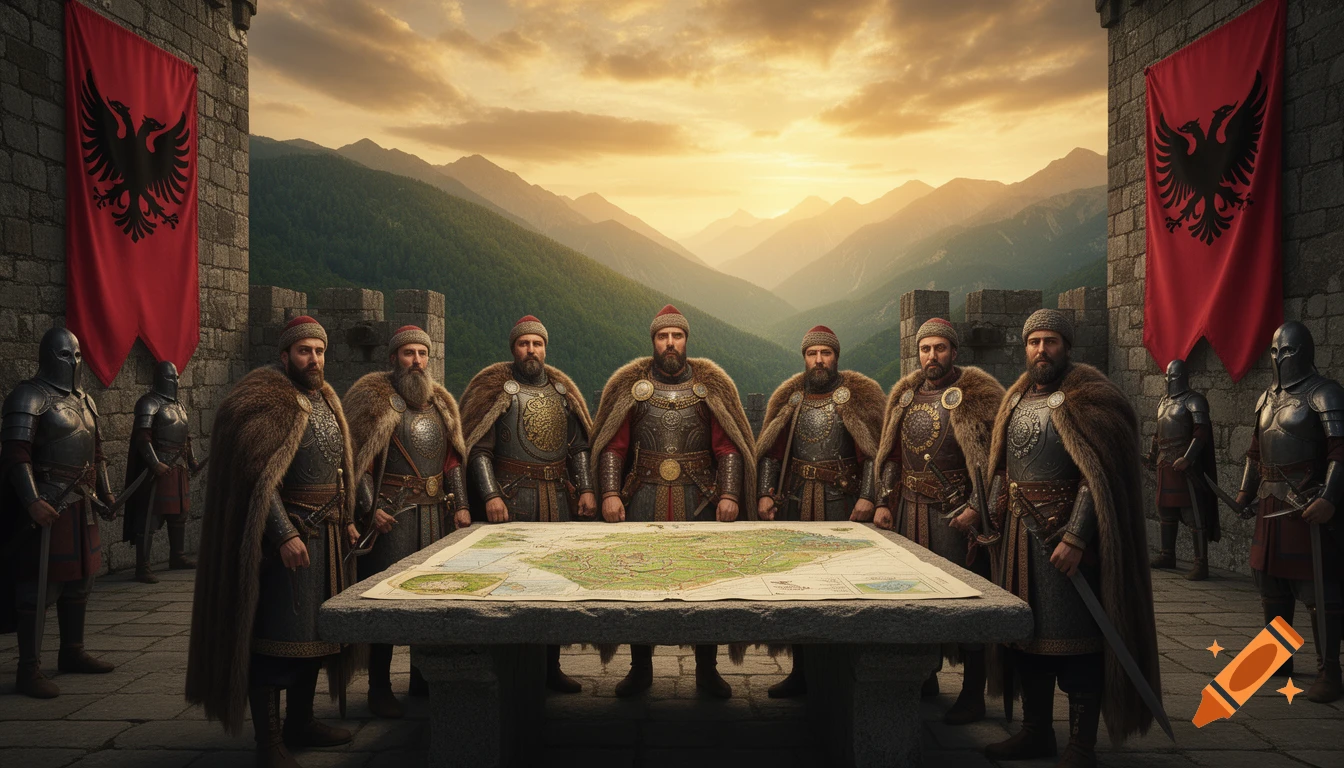 Seven Albanian warlords in a mountain fortress at sunset, gathered around a map table with armed guards and red banners.