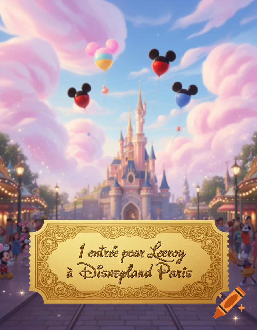 A magical Disney castle under pink clouds with Mickey and Minnie balloons, featuring a golden ticket that reads '1 entrée pour Leeroy à Disneyland Paris'.