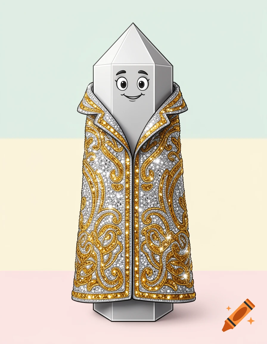 A cartoon pentagonal prism with a smiling face wears a sparkling gold and silver coat against a light green and yellow background.