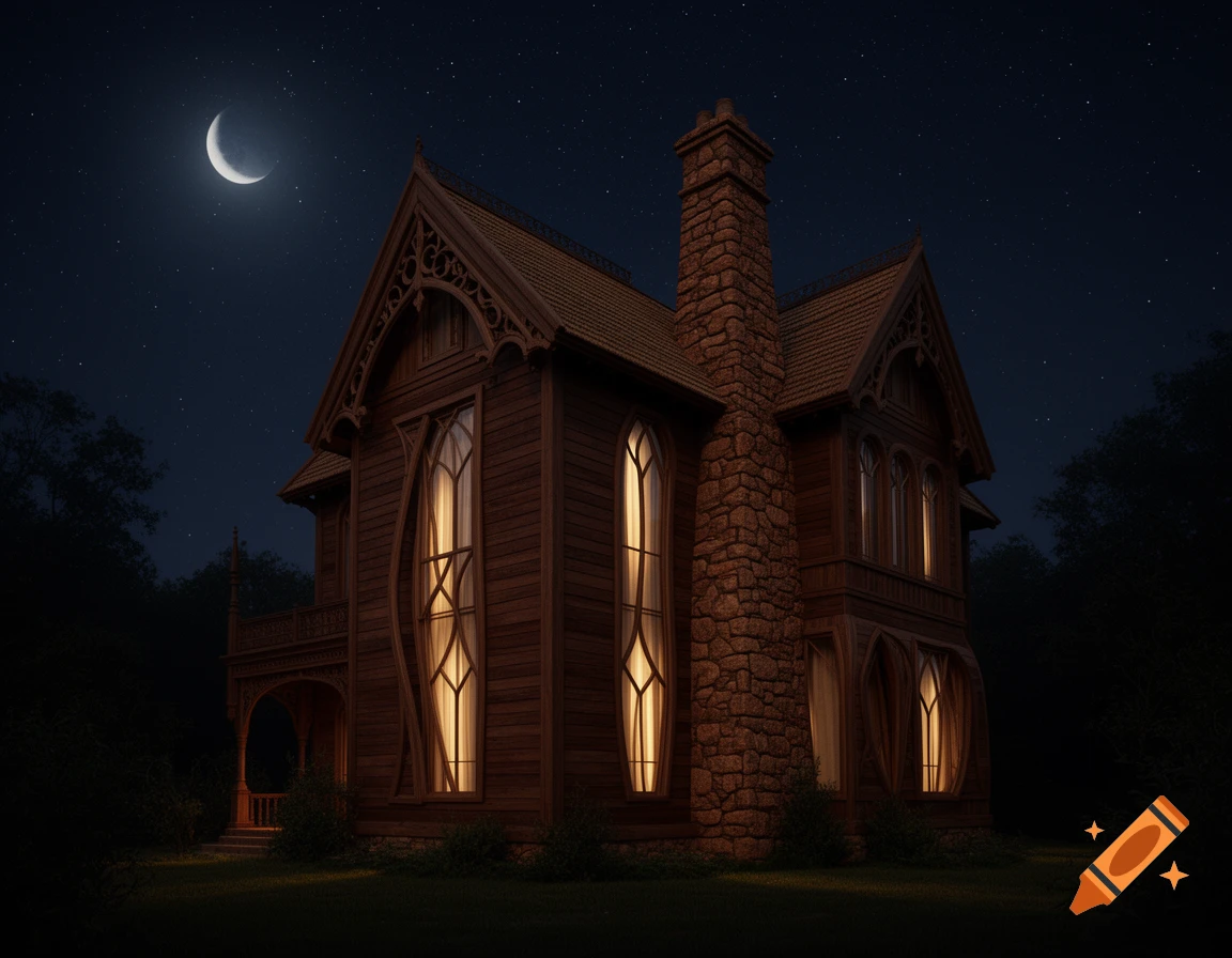 A whimsical brown Victorian house with a stone chimney glows softly at night under a crescent moon and starry sky.
