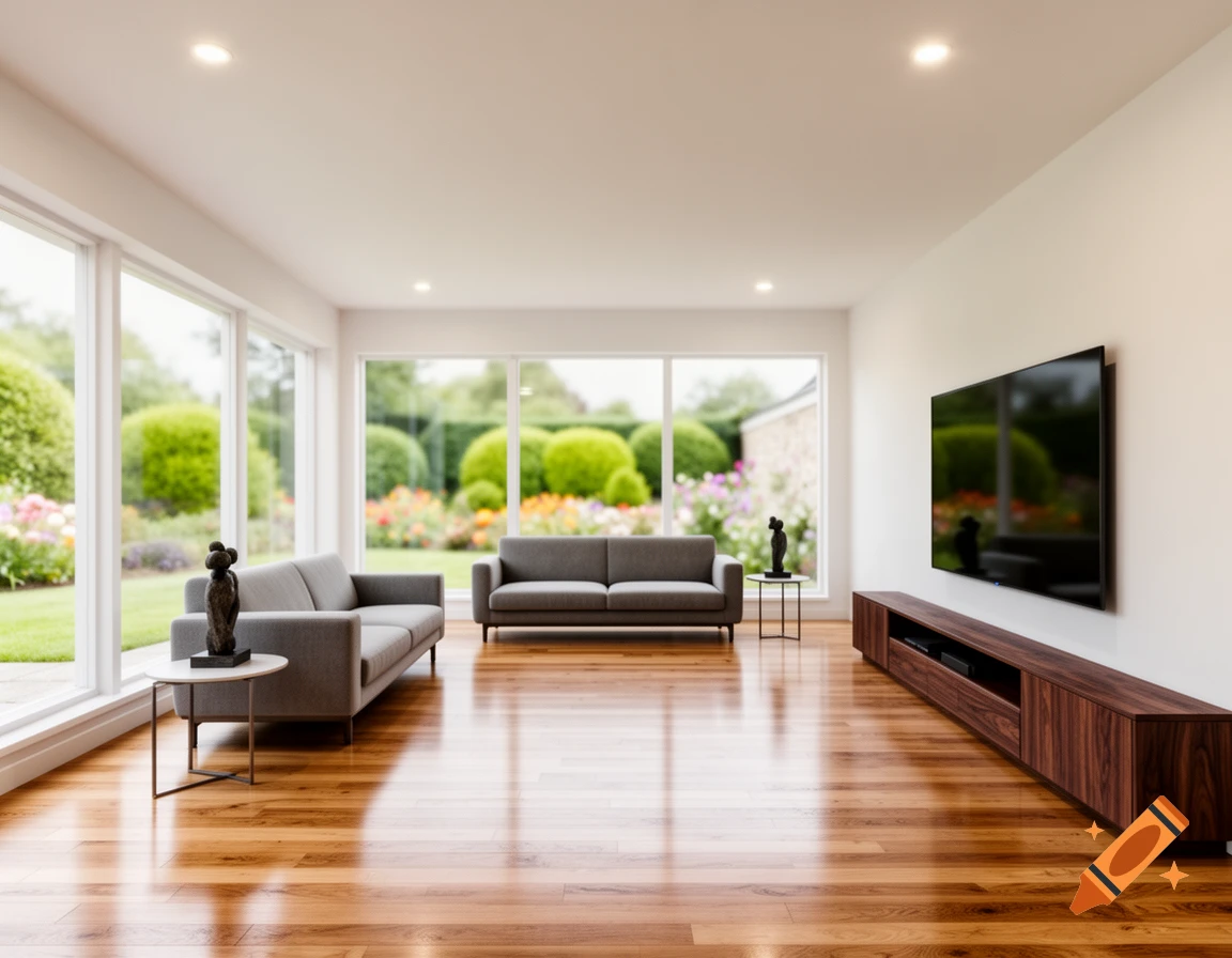 A spacious, modern living room with gray sofas, a large TV, and full-height windows overlooking a vibrant garden.