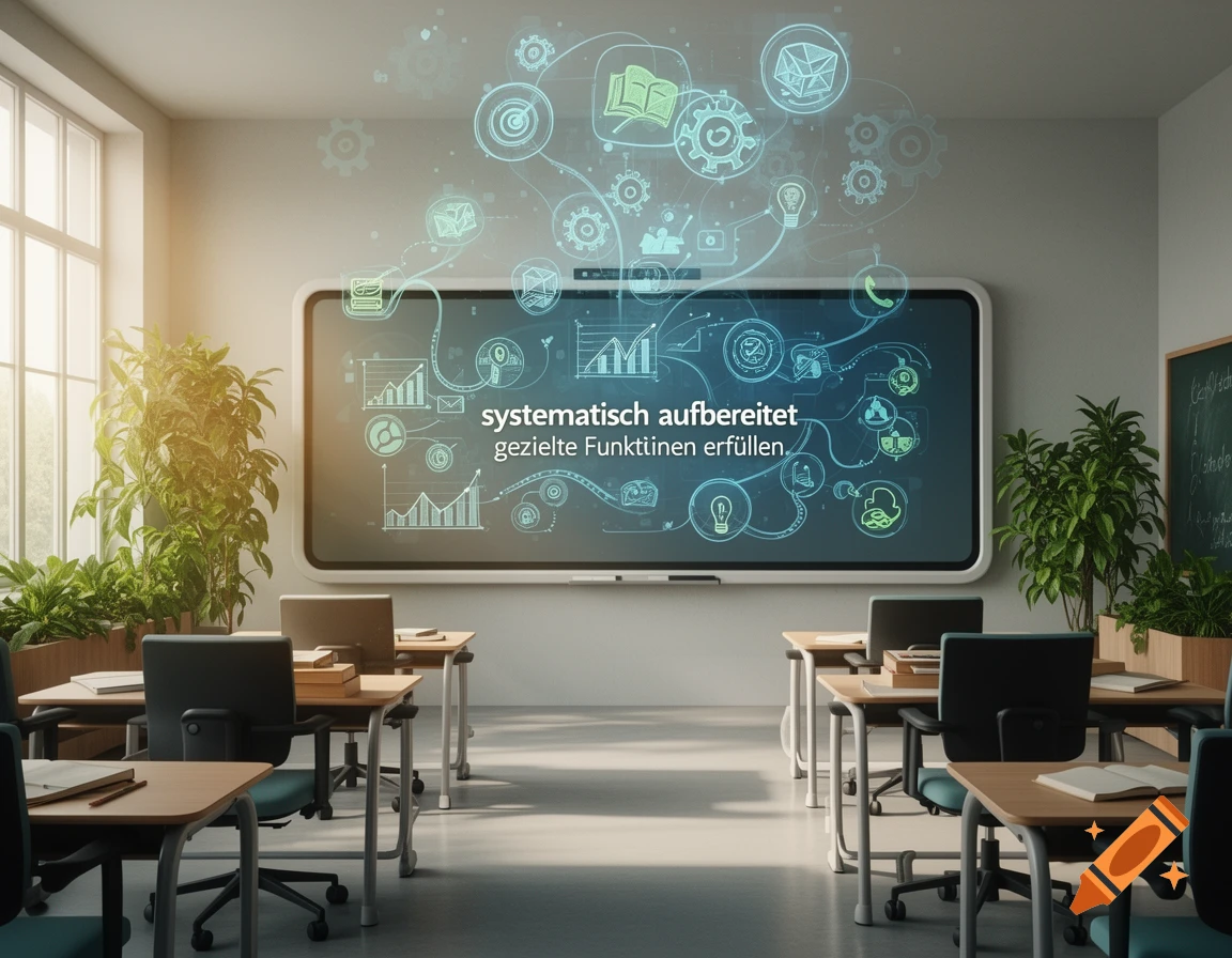 A modern classroom with rows of empty desks and chairs. A large smartboard displays glowing abstract concepts and German text "systematisch aufbereitet gezielte Funktionen erfüllen".