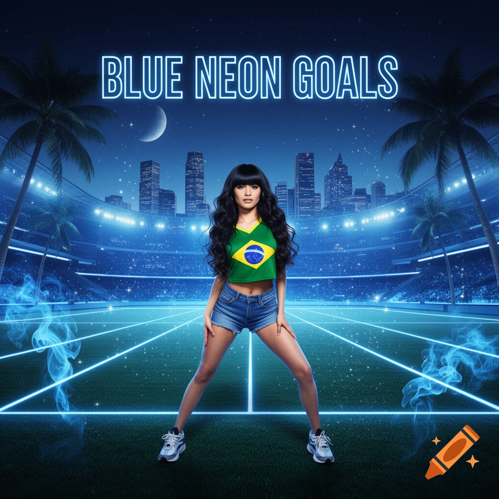 A woman in a Brazil crop top and denim shorts stands in a futuristic blue neon football stadium under a starry sky with a city skyline. Text: BLUE NEON GOALS.
