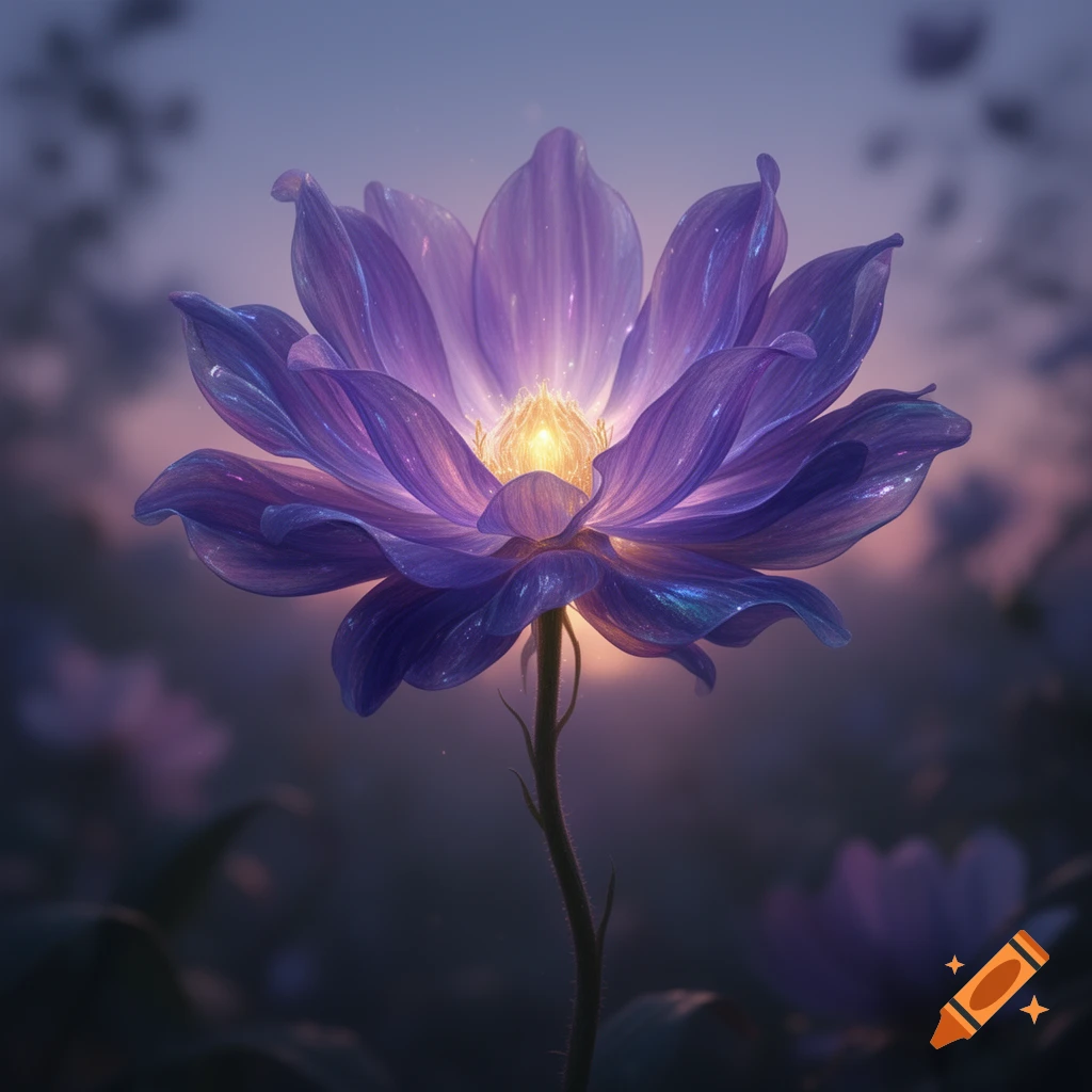 A vibrant purple fantasy flower with a glowing yellow center, set against a soft, blurred ethereal background.