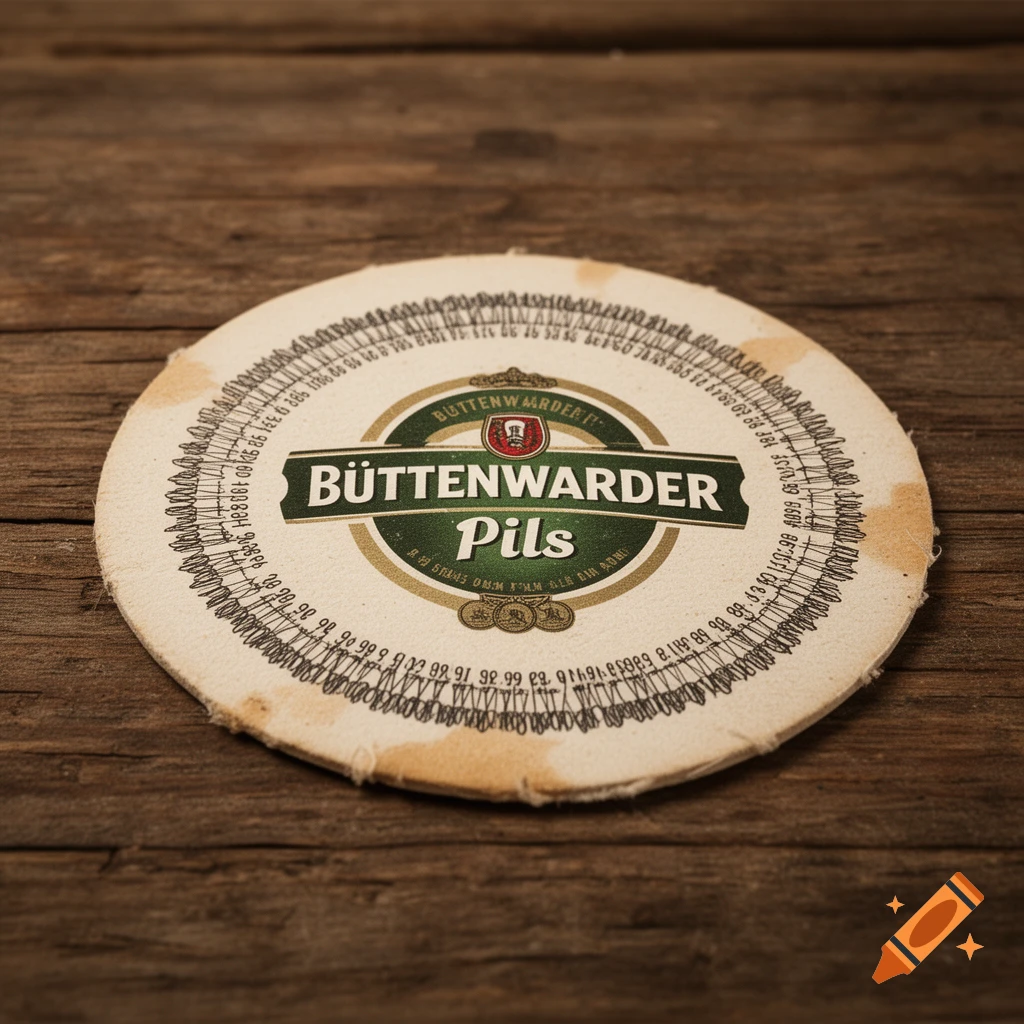 Close-up of a vintage-style beer coaster for "Büttenwarder Pils" on a wooden table, featuring a detailed logo and decorative border.