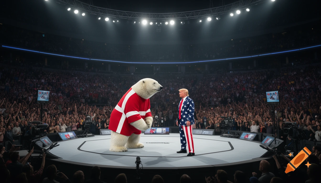 Donald Trump in an American flag suit faces a polar bear in a Danish flag suit in a wrestling ring before a cheering crowd.