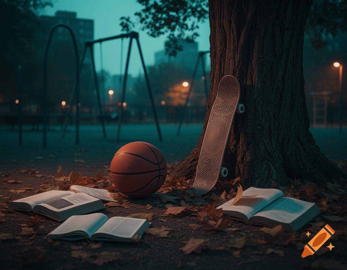 A basketball, skateboard, and open books rest by a tree in a dim park with swings in the background, digital art.
