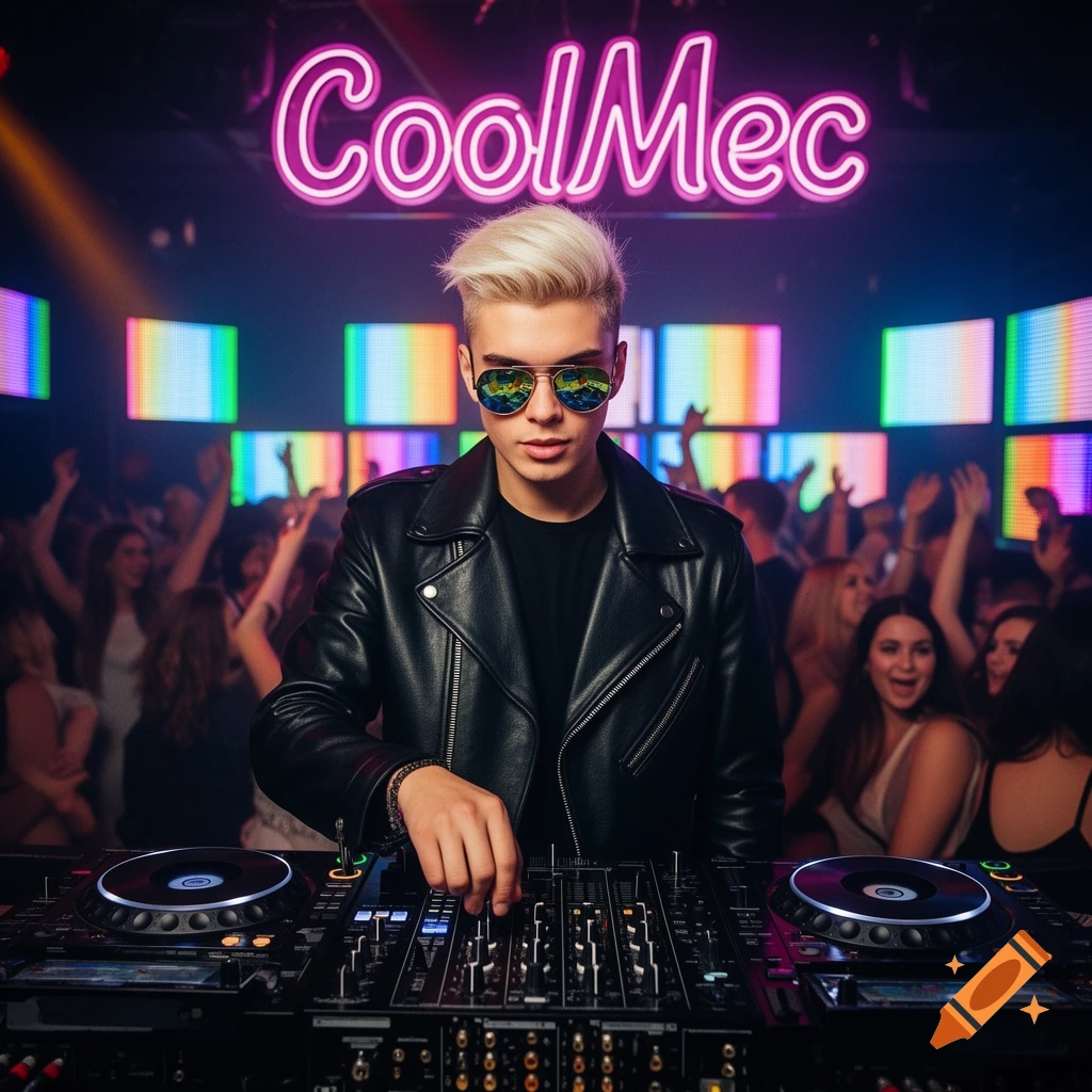 A blond DJ in a leather jacket and sunglasses at a club, behind a mixer, with a neon 'CoolMec' sign and dancing crowd.