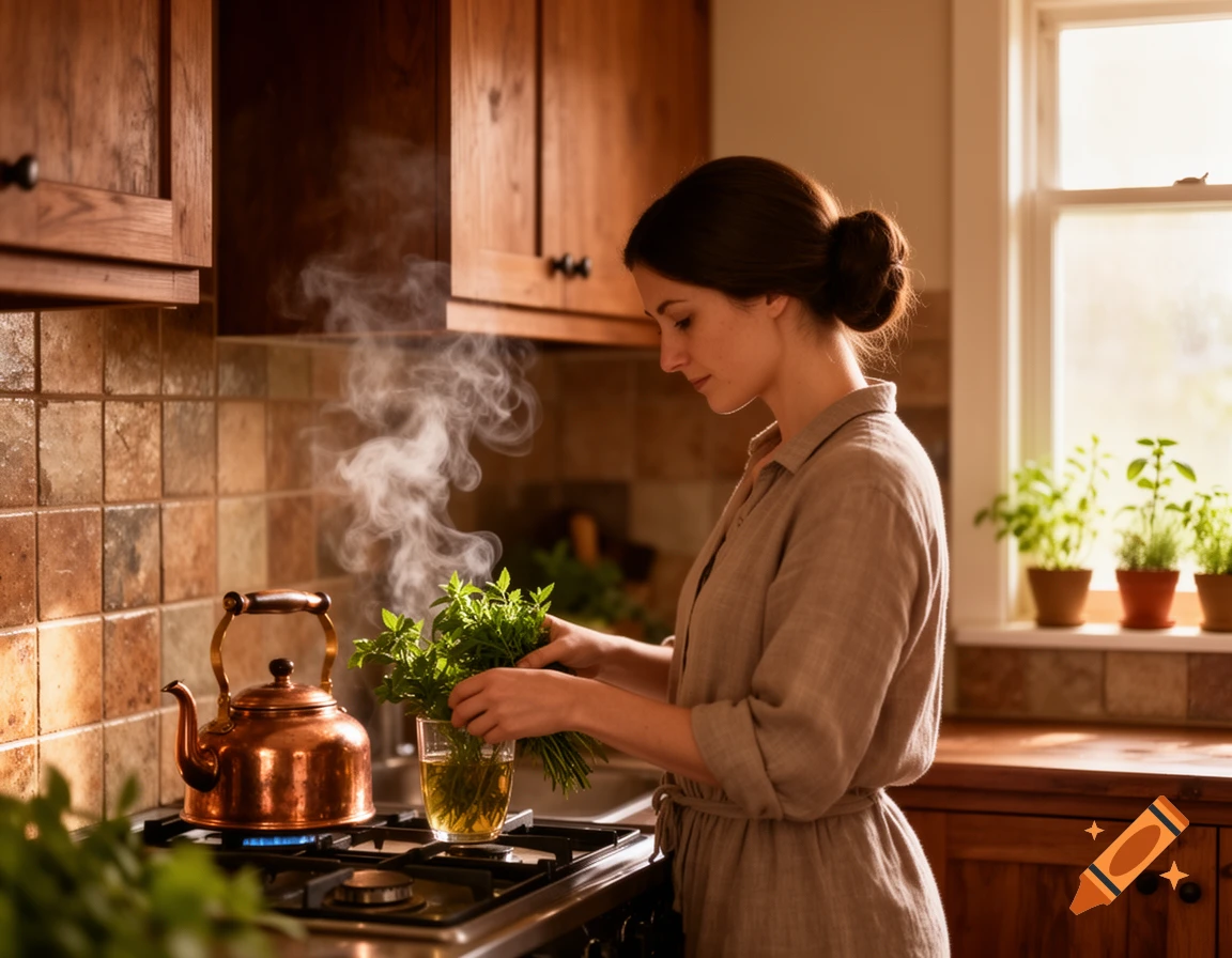 A woman with her hair in a bun prepares herbs in a glass by a steaming copper kettle on a stove in a cozy kitchen.