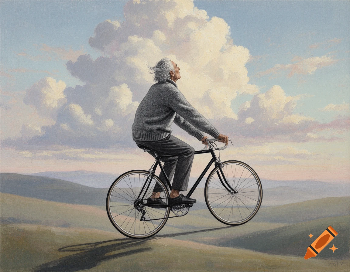 A painting of an elderly man with gray hair riding a black bicycle through a hilly landscape under a sky with large clouds.