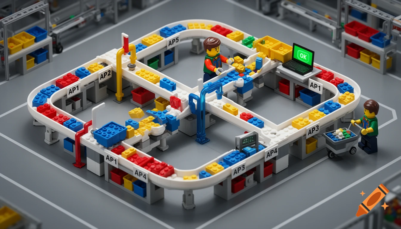 Photorealistic isometric LEGO factory with minifigure workers, conveyor belts sorting colorful bricks, and a laptop displaying 'OK'.