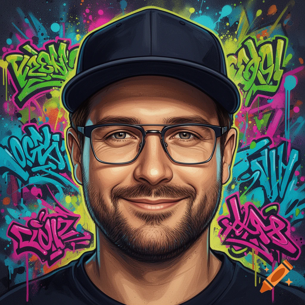 Close-up portrait of a smiling man with a beard, glasses, and a cap, against a vibrant, neon-colored graffiti background.