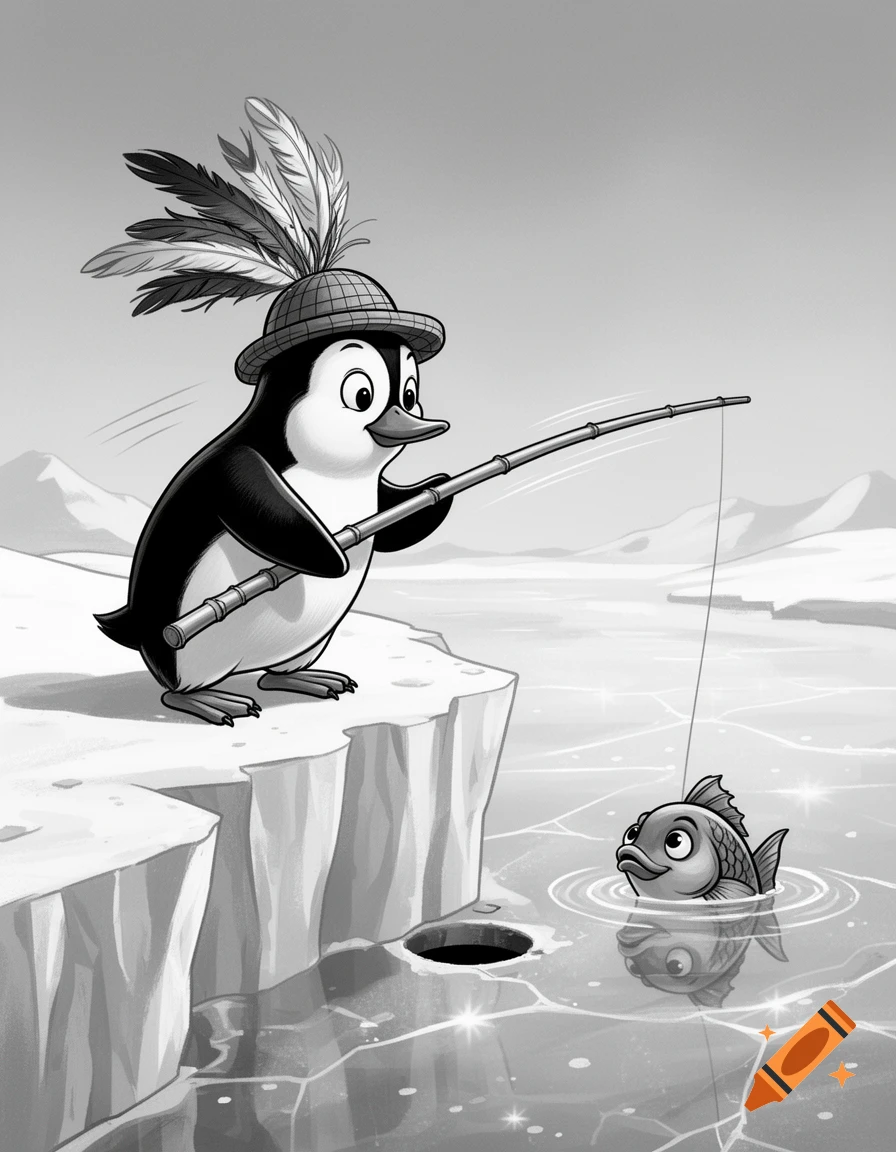 A black and white cartoon penguin wearing a feathered hat, ice fishing on a frozen lake with a fish looking up from the water.