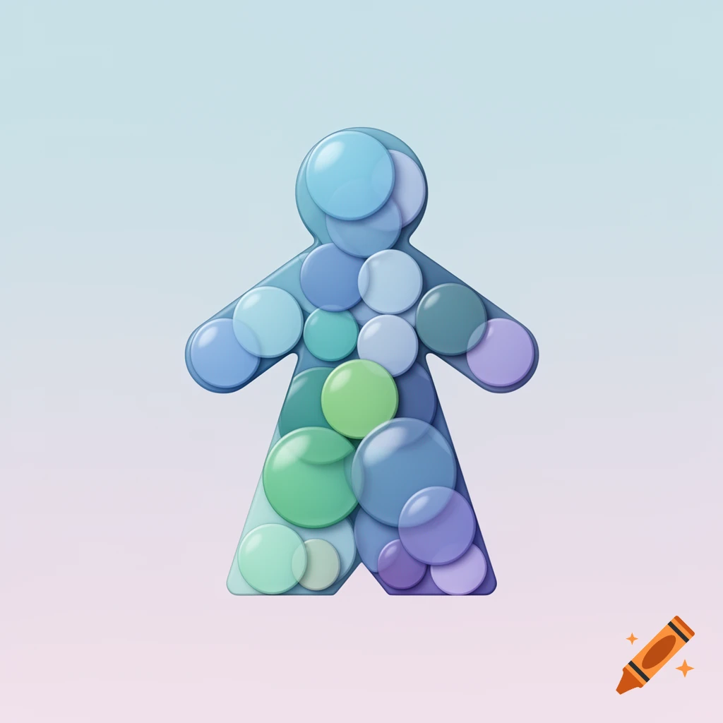 A stylized meeple figure made of glossy blue, green, and purple circles on a soft gradient background.