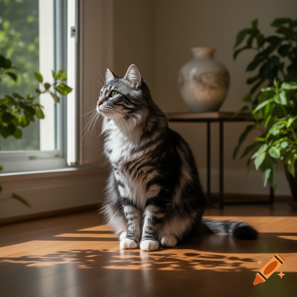 A photorealistic tabby cat sits on a sunny wooden floor, looking out a window with plants.