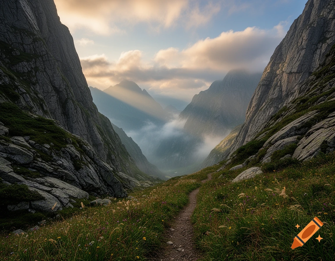 A winding dirt path leads through a lush green mountain valley, illuminated by golden sunlight breaking through clouds and mist.