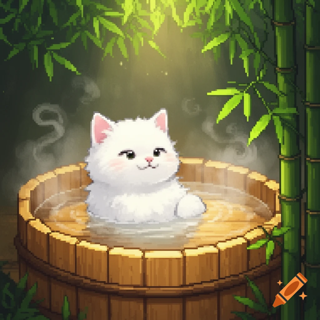 A cute white cat happily bathing in a wooden tub surrounded by bamboo leaves, in pixel art style.