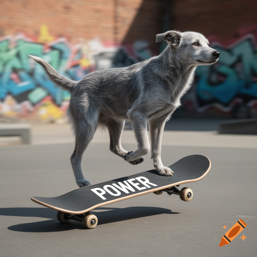A photorealistic gray dog stands confidently on a black skateboard with