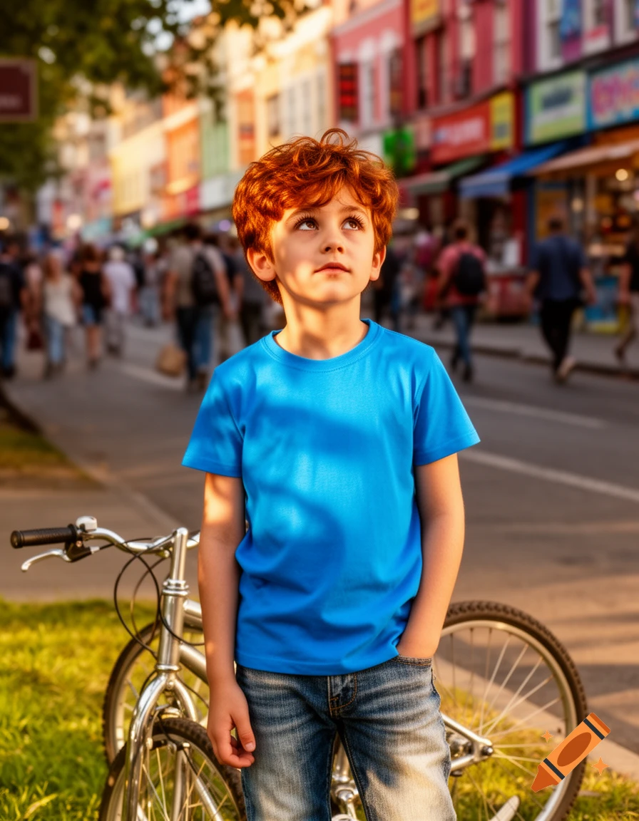 A young boy with red curly hair in a blue shirt stands next to a bicycle on a sunny city street, looking up.