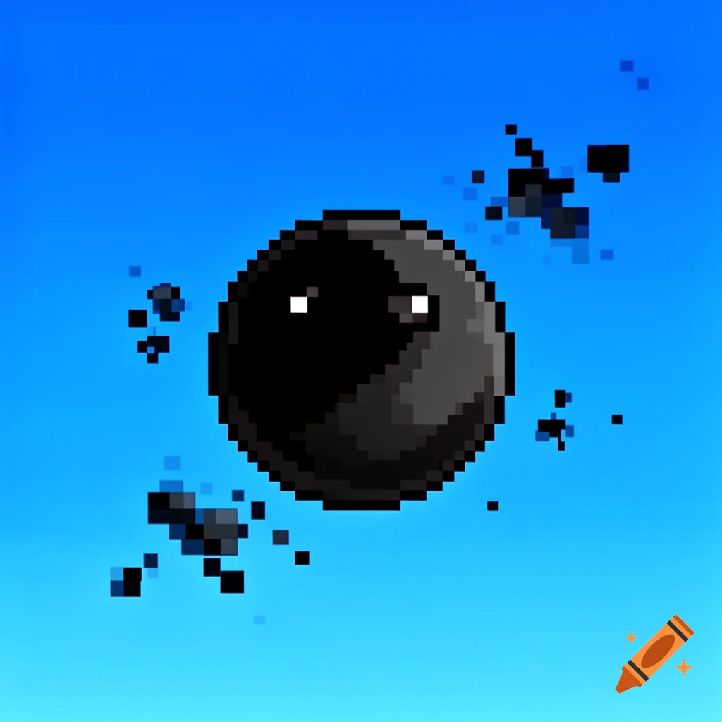 Pixel art of a black, round creature with white eyes floating in a blue sky with dark pixel fragments.