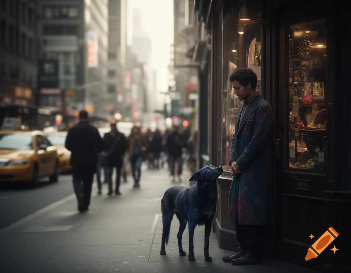 A man in a patterned coat stands beside a shop window, looking down at a dark dog gazing up at him on a bustling city street.