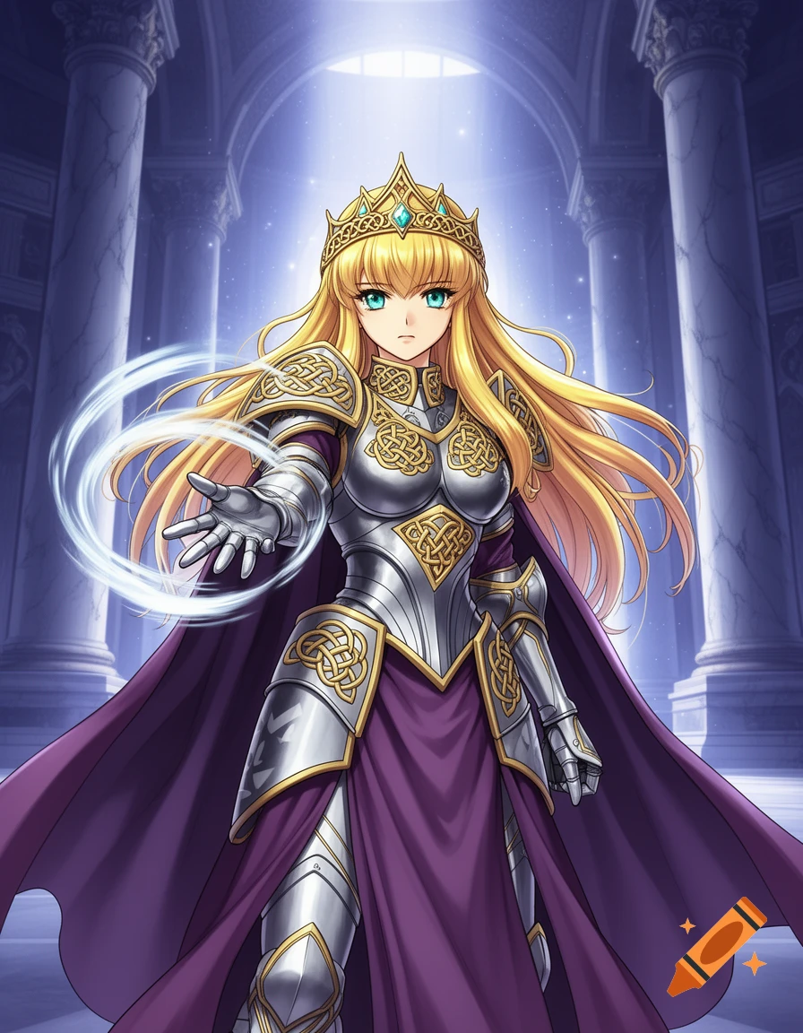 Anime-style queen with blonde hair and green eyes, wearing silver and gold armor with a purple cape and crown, casting magic in a grand hall.