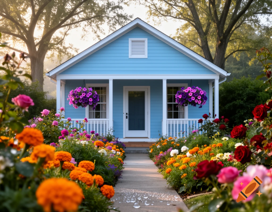 A photorealistic image of a light blue house with a white porch, surrounded by a vibrant garden with various colorful flowers.