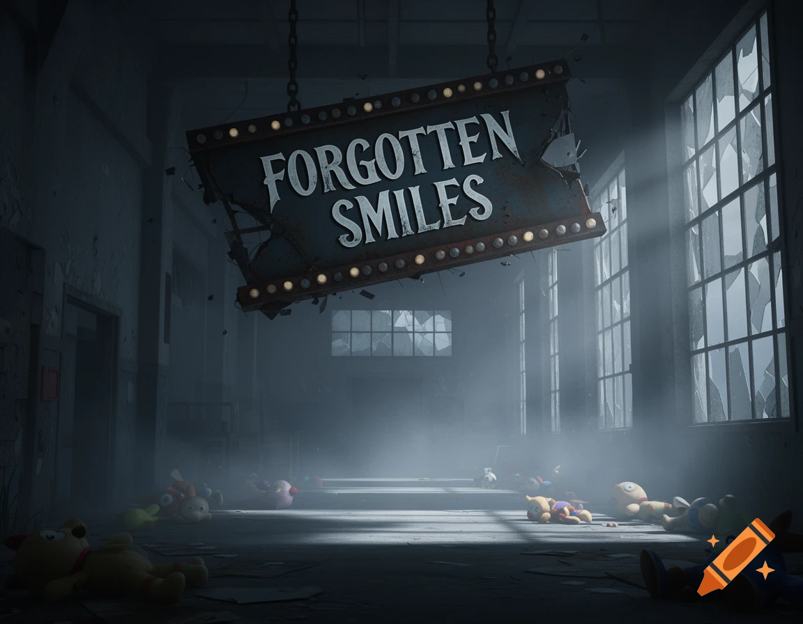 Eerie abandoned factory with a 'FORGOTTEN SMILES' sign hanging, light streaming through broken windows, and creepy stuffed toys scattered on the floor.