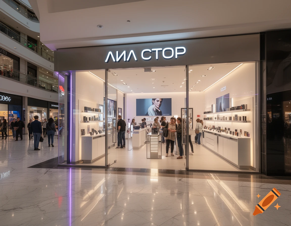 A modern 'ЛИЛ СТОР' retail store, selling IQOS products, in a bright shopping mall with customers inside and outside.