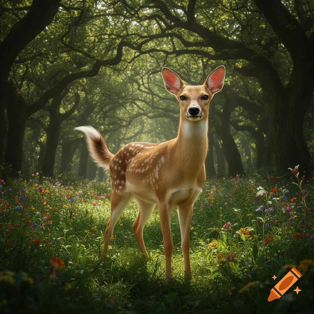 A photorealistic fawn stands in a sunlit forest clearing amidst colorful wildflowers.