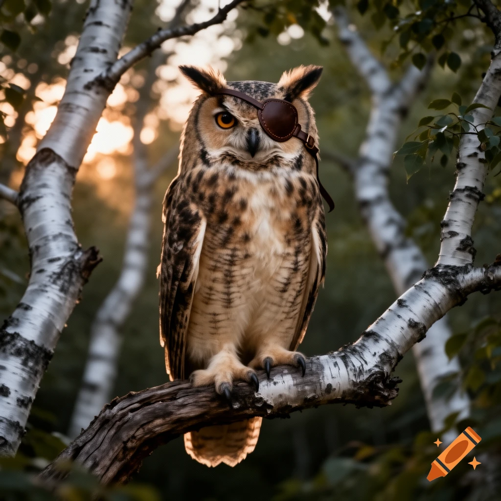 A photorealistic great horned owl wearing a brown leather eyepatch sits on a tree branch in a sunlit forest.