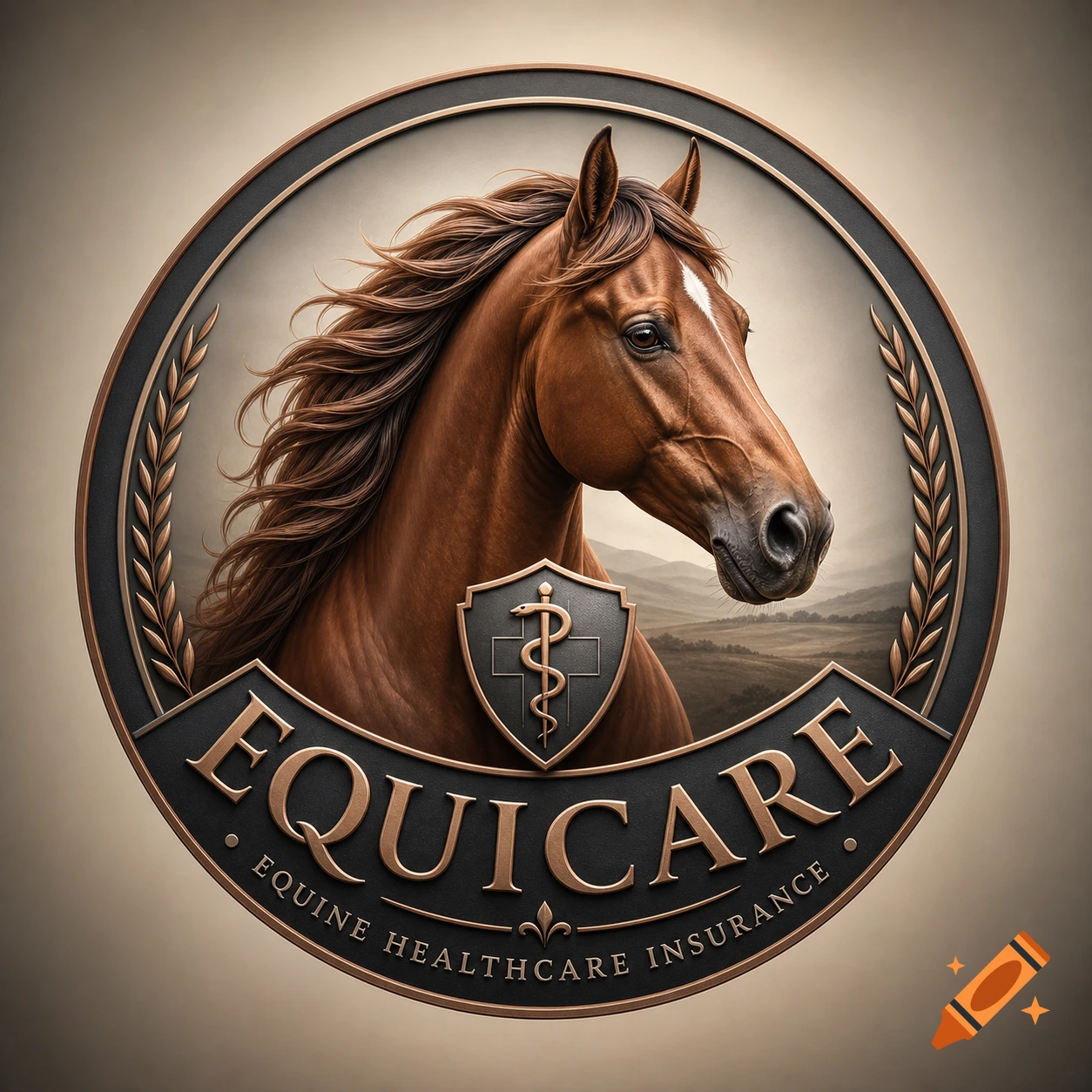 A detailed round logo for 'Equicare Equine Healthcare Insurance' with a brown horse head, a medical shield, and laurel.