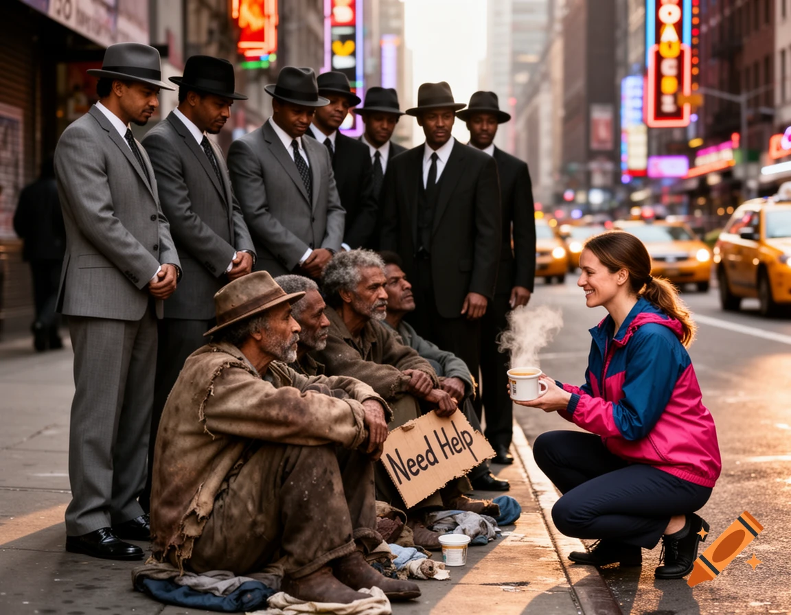 A smiling woman in a pink and blue jacket offers a steaming cup to a group of homeless men sitting on a city sidewalk, with men in suits standing behind them and yellow taxis in the background.