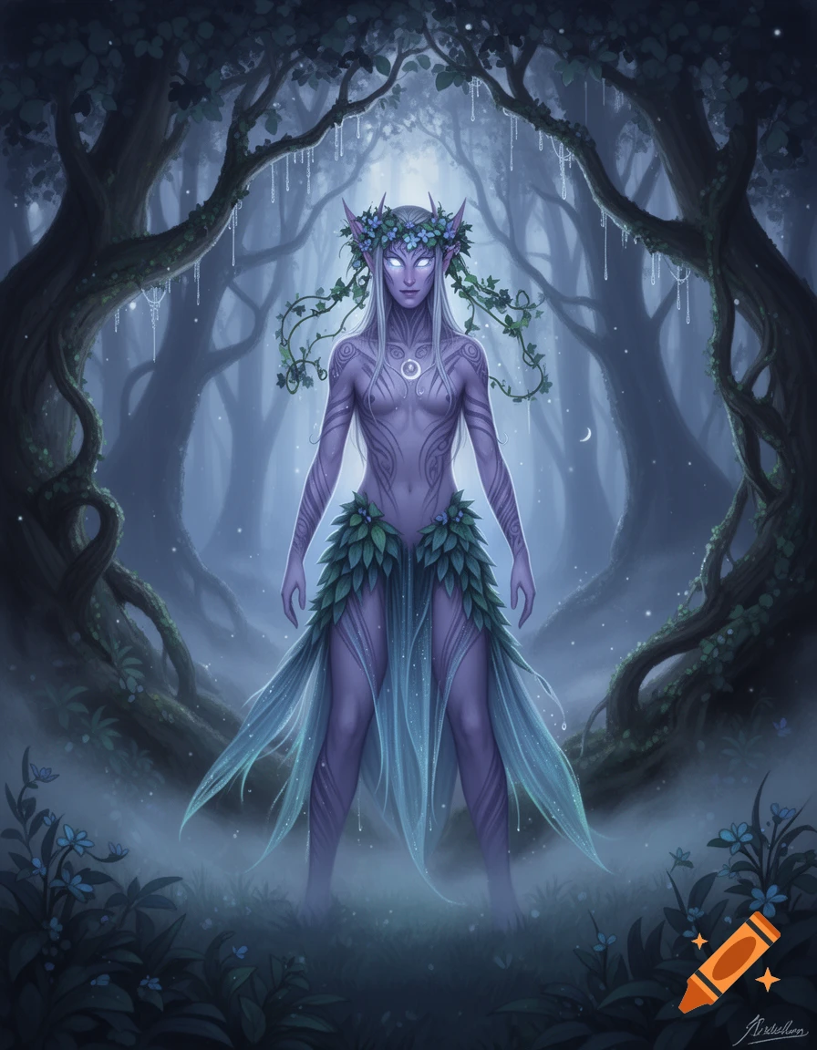 A purple-skinned elf with glowing eyes and a floral crown stands in a misty, ethereal forest at night, wearing a leafy skirt.
