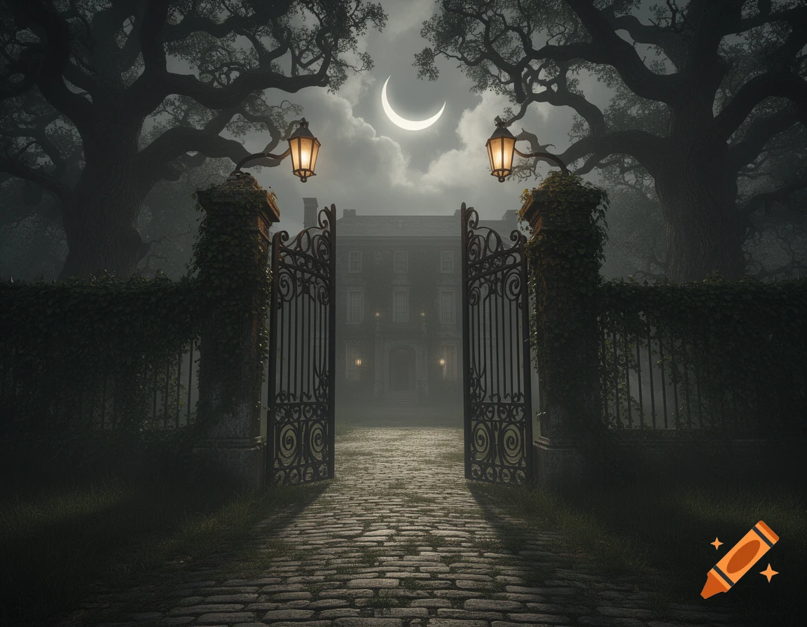 An eerie, open ornate gate leads to a dark mansion, framed by gnarled trees under a crescent moon, evoking a gothic atmosphere.