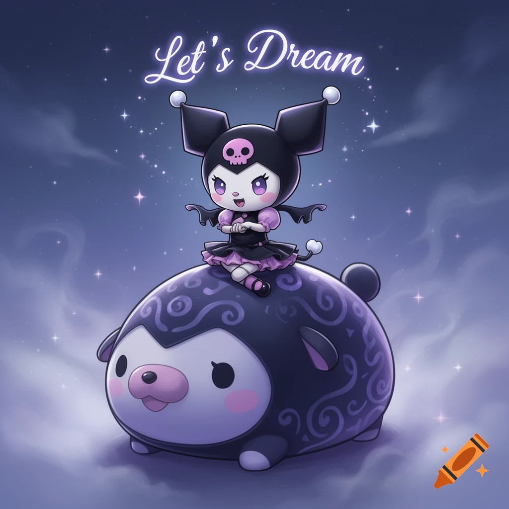 A cute Kuromi character with bat wings and a skull emblem sits on a large, dark purple, round creature patterned with swirls under a starry night sky with "Let's Dream" text.