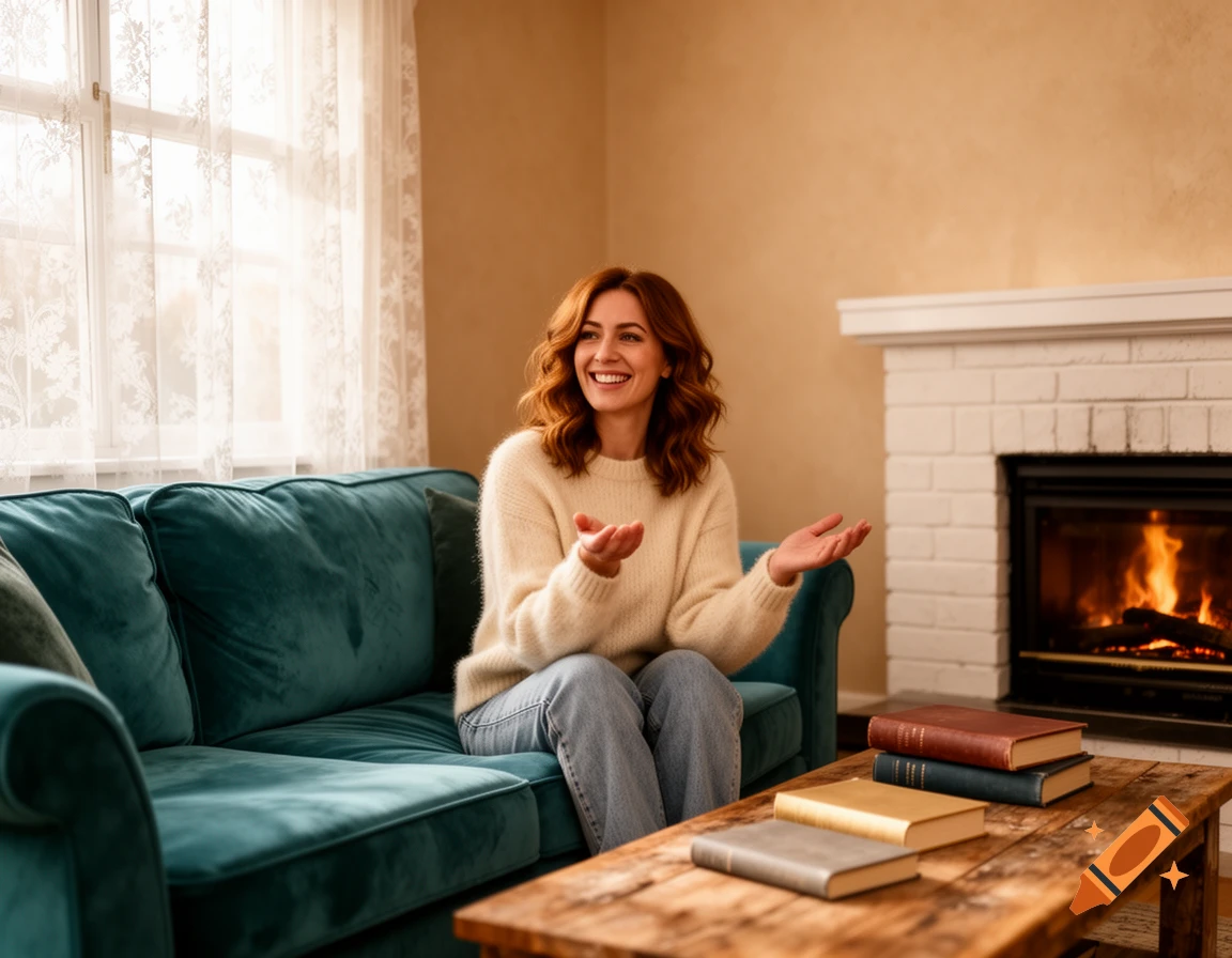 A smiling woman with red hair sits on a teal sofa in a cozy living room with a lit fireplace, gesturing.