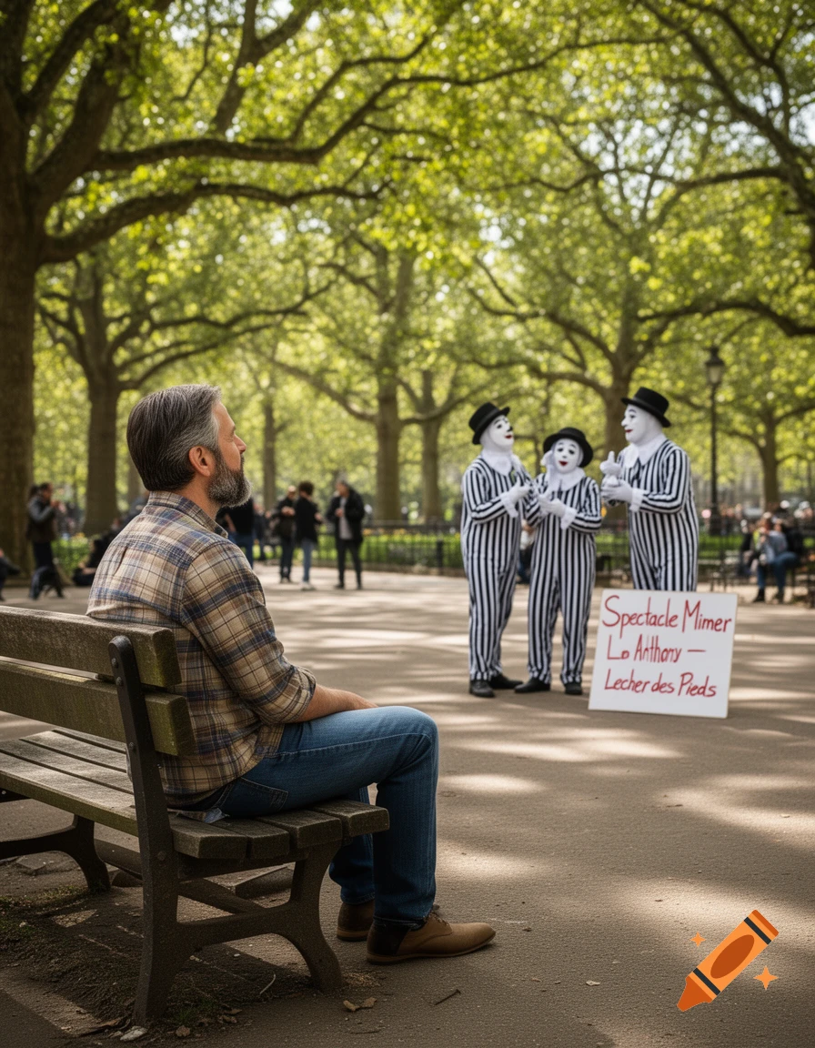 A man sits on a park bench observing three mimes in striped outfits and black hats, standing near a sign that reads "Spectacle Mimer Lo Anthony — Lecher des Pieds" under green trees.