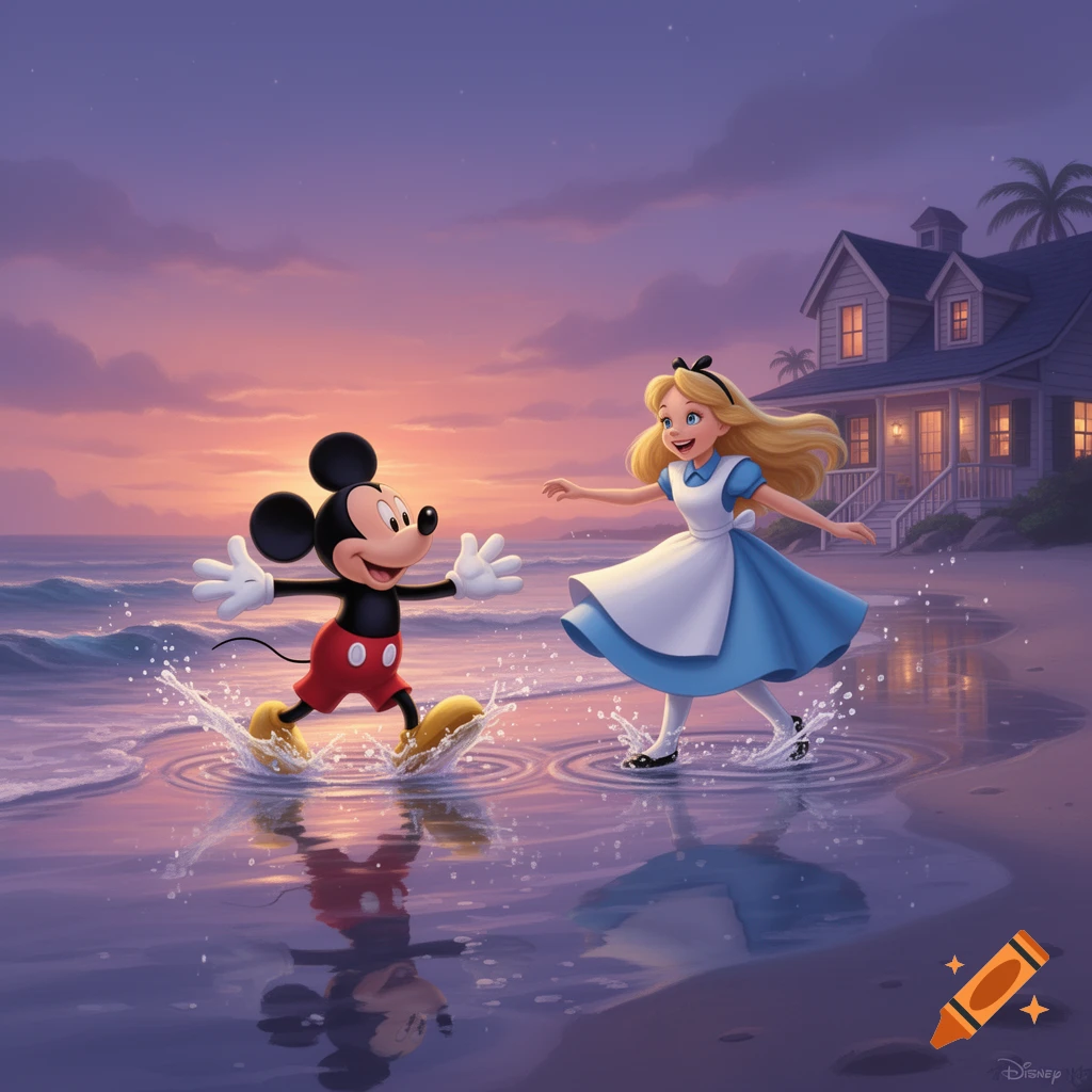 Mickey Mouse and Alice from Wonderland playfully splash in the shallow water on a beach at dusk, with a house behind them.