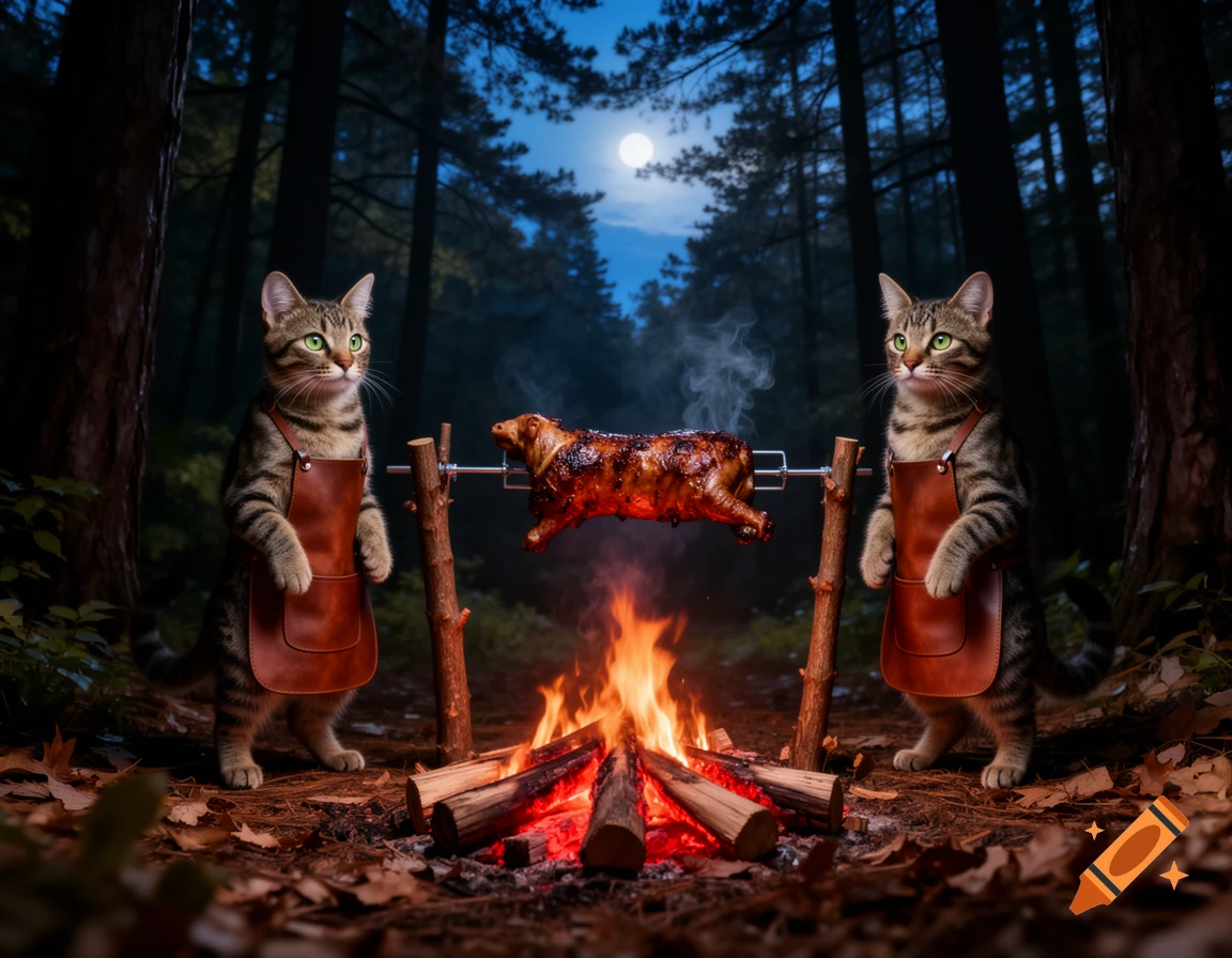Two anthropomorphic cats in aprons grill a whole roasted animal over a campfire in a dark forest under a full moon.