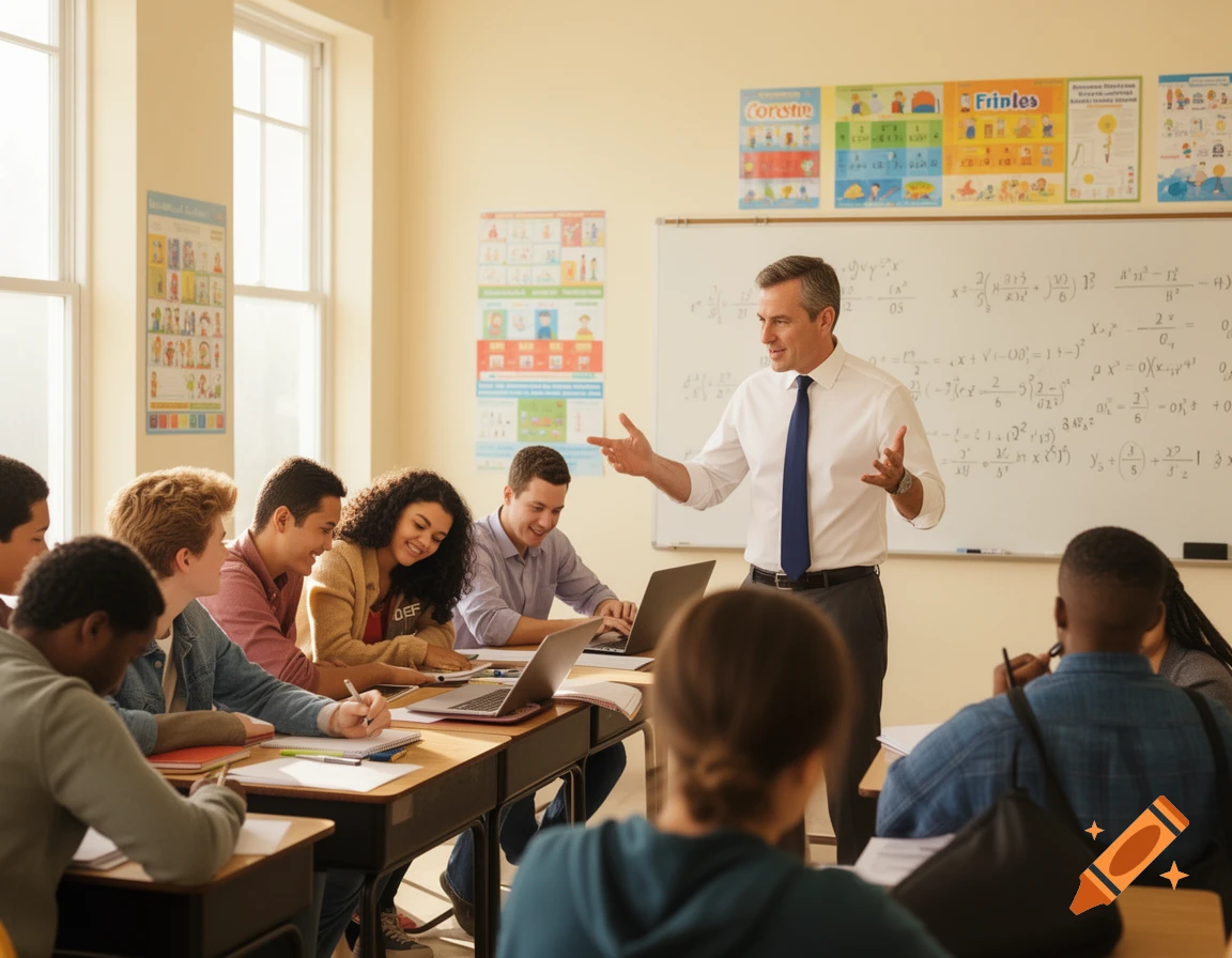 A male teacher stands at the front of a modern classroom, gesturing and talking to a diverse group of students seated at desks with laptops.