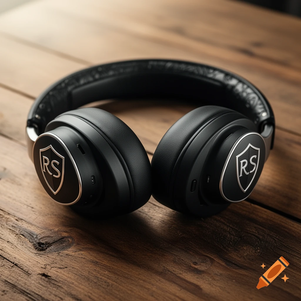 Black over-ear headphones with silver 'RS' shield logo on a rustic wooden table, photorealistic.