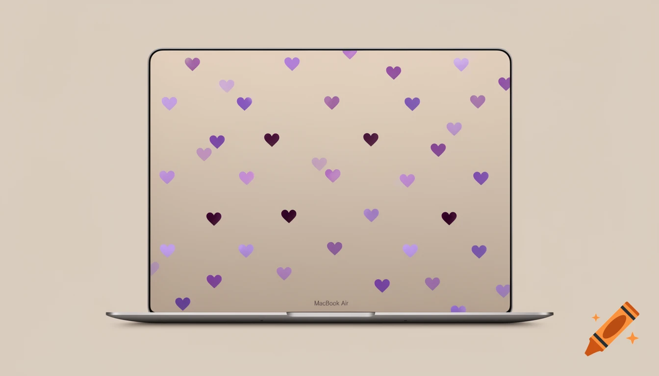 A silver MacBook Air laptop with a beige screen displaying a wallpaper of scattered purple hearts, against a beige background.