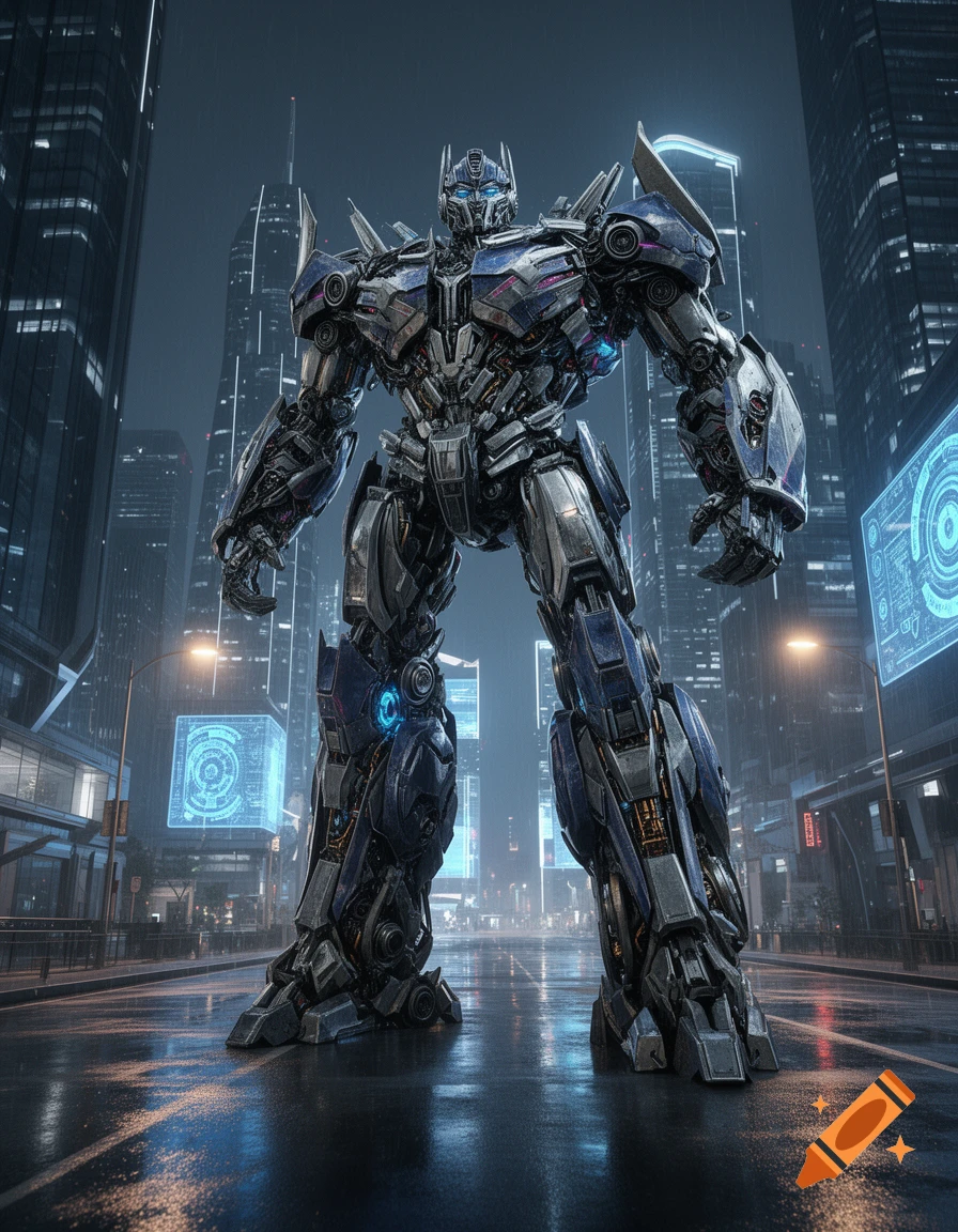 Photorealistic Optimus Prime, a large blue and silver robot, standing on a wet city street at night amidst towering buildings.