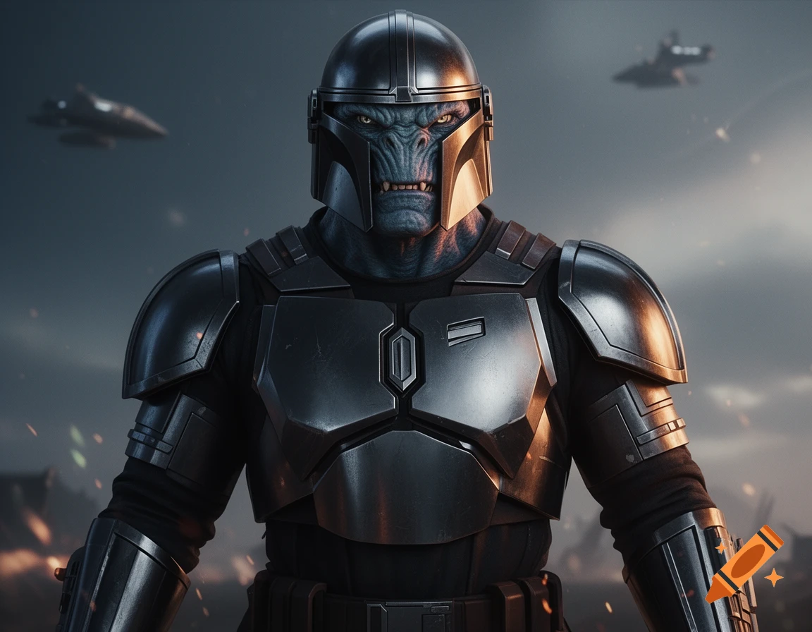 A blue-skinned ape-like alien wearing dark Mandalorian-style armor, with a helmet partially on, against a cloudy sky with spaceships.