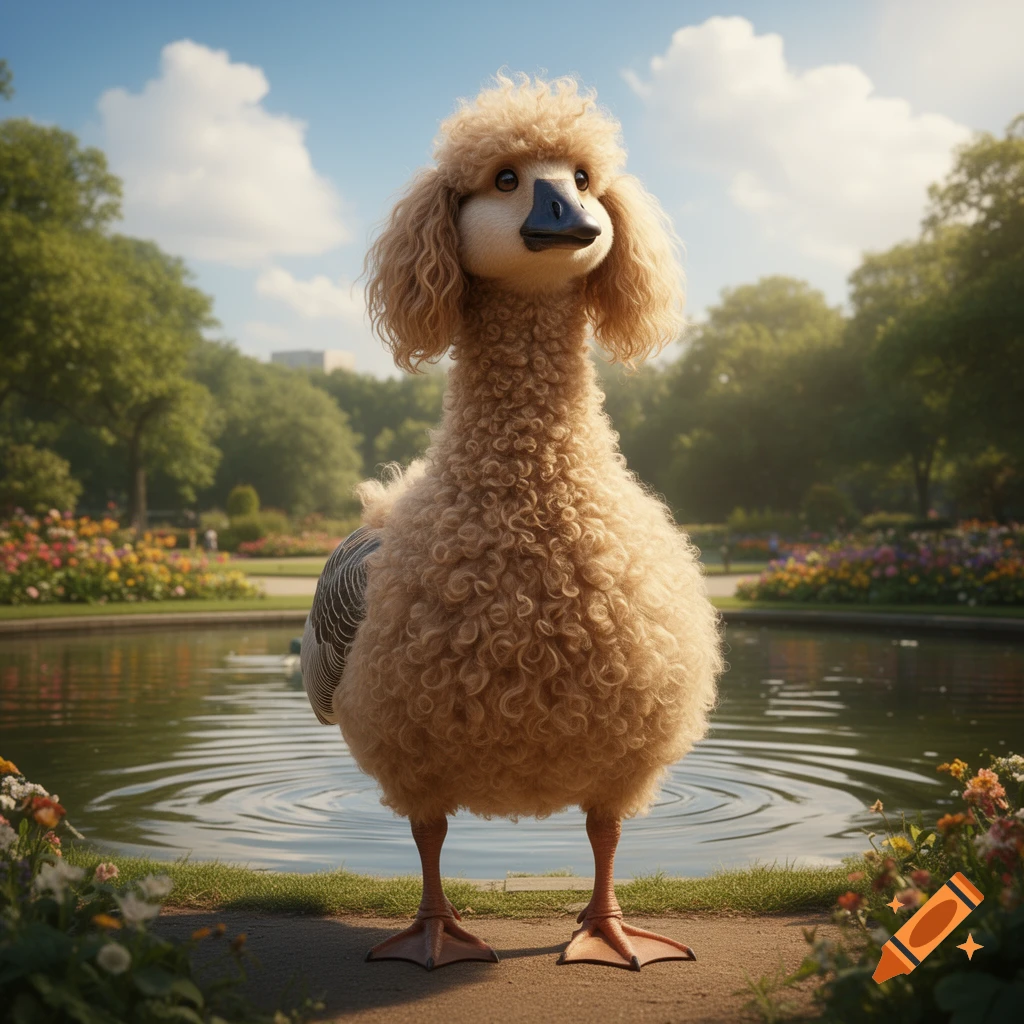 A fluffy goose with light brown poodle fur stands by a pond in a sunny park filled with flowers and trees.