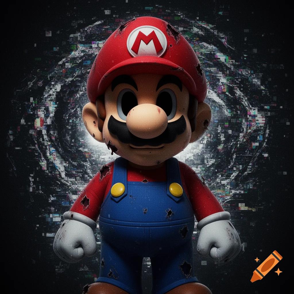 A dark, stylized depiction of a damaged Mario character, standing against a glitchy, swirling black background.